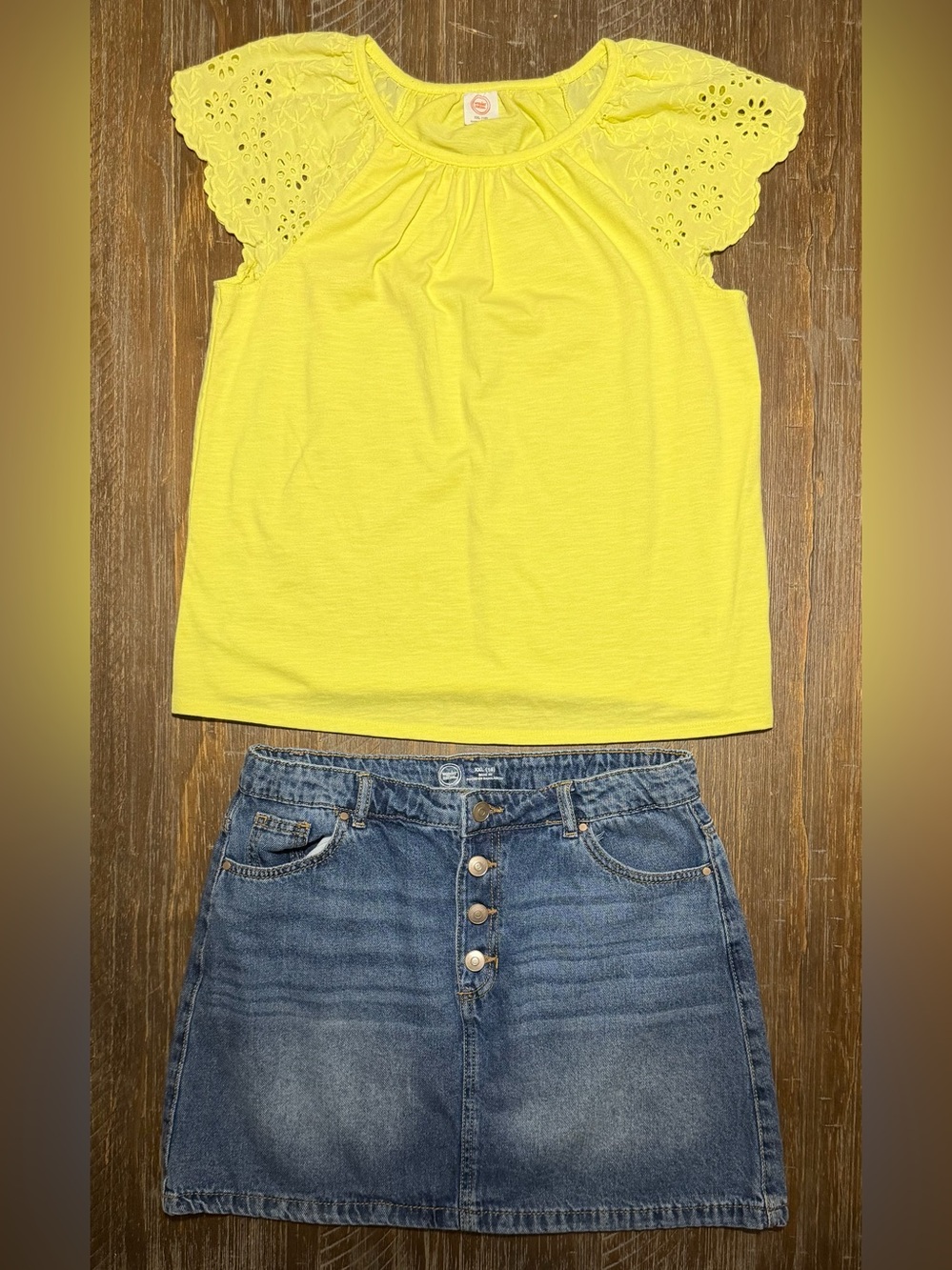 Girl’s Yellow Eyelet Sleeve Top w/ Jean Skirt by wonder nation - Size XXL (18)